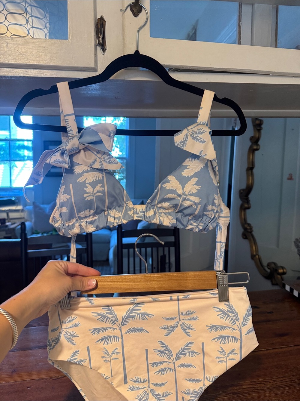Light Blue Palm-Print Women's Two-Piece Swim Set with Bow Straps